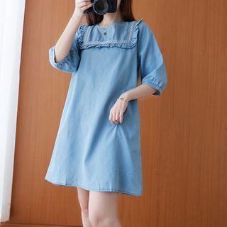 Elbow-sleeve Denim A-line Dress Light Blue - One Size
