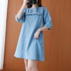 Elbow-sleeve Denim A-line Dress Light Blue - One Size