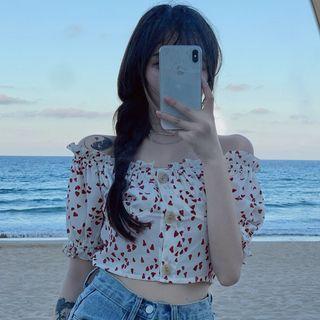 Heart Print Off-shoulder Blouse As Shown In Figure - One Size