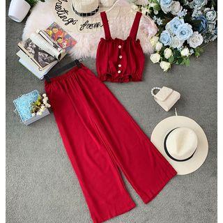 Set: Button-detail Camisole + High-waist Wide-leg Pants