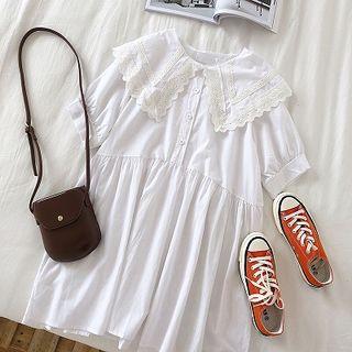 Plain Lace Panel Short-sleeve Dress White - One Size