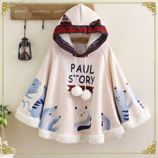 Cat Print Hooded Poncho