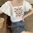 Short-sleeve Floral Embroidered Shirred Crop Top