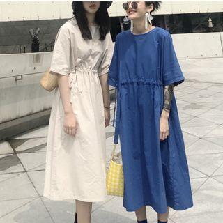 Elbow-sleeve Drawstring Waist A-line Dress