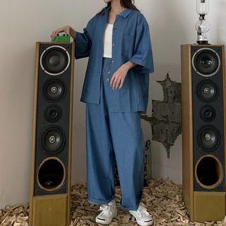 3/4-sleeve Oversized Denim Shirt / Wide-leg Jeans