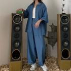 3/4-sleeve Oversized Denim Shirt / Wide-leg Jeans