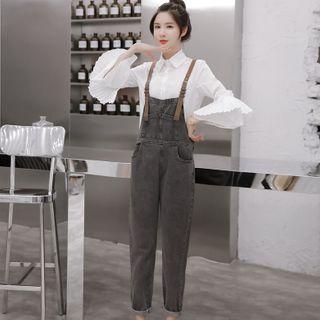 Bell-sleeve Blouse / Denim Dungaree Pants / Set