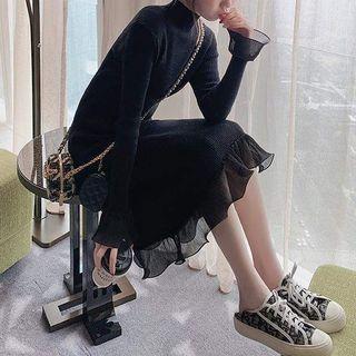 Mock-turtleneck Mesh Panel Knit Dress
