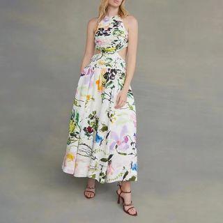 Sleeveless Floral Cut-out Maxi A-line Dress