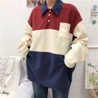 Long-sleeve Colored Panel Polo Shirt As Shown In Figure - One Size