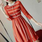 3/4-sleeve Striped A-line Collared Lace Dress