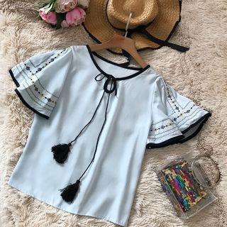 Bell-sleeve Round-neck Blouse