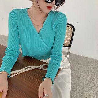 Layered Ruffle Trim V-neck Wrap Long-sleeve Cropped Top