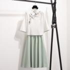 Set: Elbow-sleeve Floral Embroidered Cheongsam Top + A-line Skirt