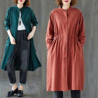 Plain Stand-collar Medium Maxi Trench Jacket