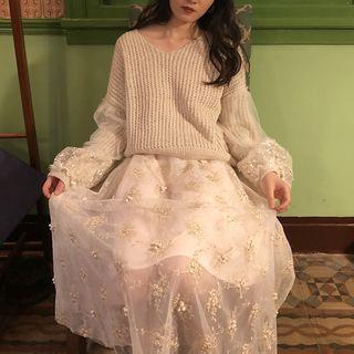 Embroidered Midi A-line Skirt Almond - One Size