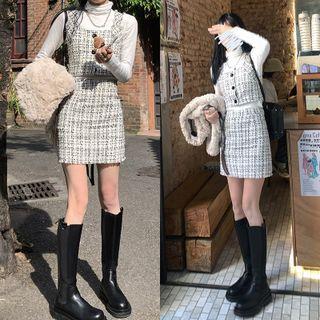 Plaid Camisole Vest / High-waist Plaid Skirt / Plain Fluffy Jacket