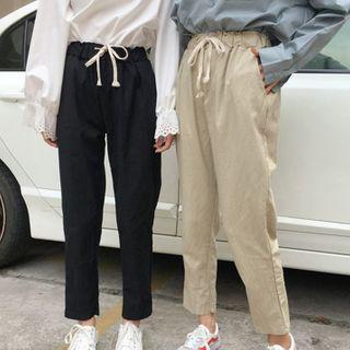 Plain Drawstring-waist Straight-cut Pants
