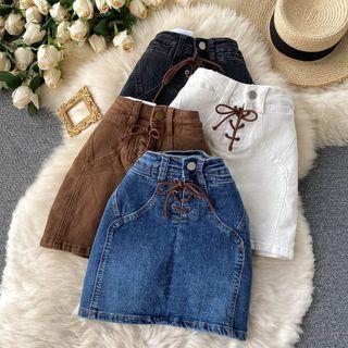 Lace-up Strap A-line Denim Skirt
