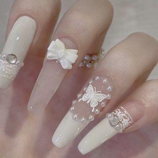 Bow Butterfly Faux Nail Tips 308 - Grayish White - One Size