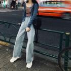 Spaghetti Strap Striped Top / Cardigan / Straight-fit Jeans / Set