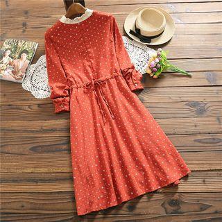 Stand Collar Long-sleeve Floral Midi A-line Dress