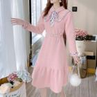 Long-sleeve Printed Trim Ruffled Hem Knit Dress