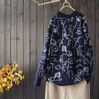 Dog Print Sweater Dark Blue - One Size