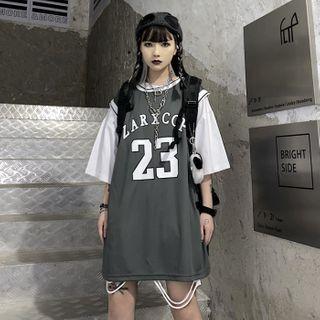 Mock Two-piece Elbow-sleeve Numbering T-shirt