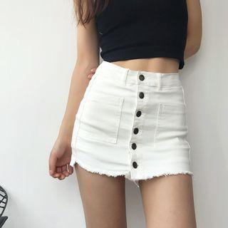 Fray Hem Mini Pencil Denim Skirt