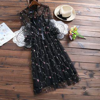 Flower Embroidered Long Sleeve Mesh Dress With Slipdress