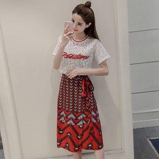 Set: Short-sleeve Embroidered T-shirt + A-line Midi Skirt