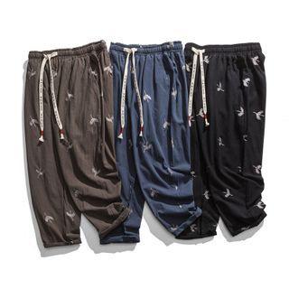 Crane Embroidered Cropped Wide Leg Pants