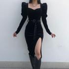 Long-sleeve Velvet Slit Midi A-line Dress