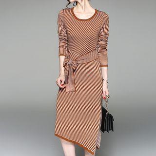 Lace Back Striped Tie-waist Midi Knit Dress
