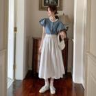 Short-sleeve Floral Print Top + Elastic-waist Plain Dress