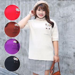 Cat Embroidered Short-sleeve Turtleneck Sweater