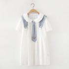 Embroidered Sailor Collar Short-sleeve Mini Shift Dress