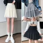 Mesh Panel Pleated Knit Mini A-line Skirt