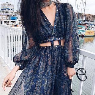Balloon-sleeve Printed Cutout Midi A-line Dress