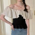 Puff-sleeve Off-shoulder Two-tone Blouse Black - One Size
