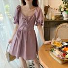 Square-neck Puff-sleeve Plain Dress