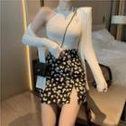 Halter-neck Top / Floral Print A-line Skirt / Set