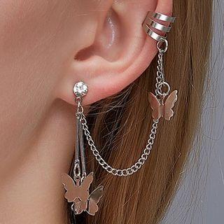 Alloy Butterfly Chained Cuff Earring 4982 - 1 Pc - 01 - Silver - One Size