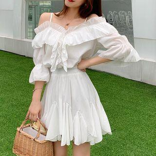 Ruffle-detail Cold-shoulder Top + Skirt