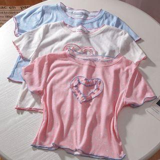 Short-sleeve Heart Print Ribbed T-shirt