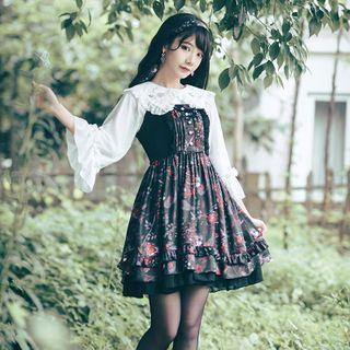 Wide Strap Floral Panel Ruffle Hem Mini A-line Dress