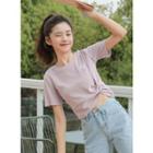 Flower Embroidered Short-sleeve Twist Cropped T-shirt