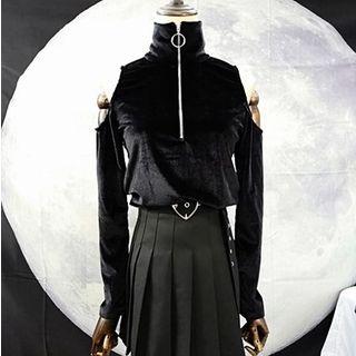 Long-sleeve Cold Shoulder Zip Placket Top