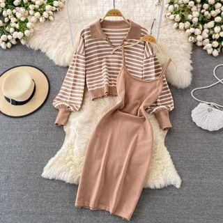 Set: Striped Polo Neck Sweater + Knit Slipdress